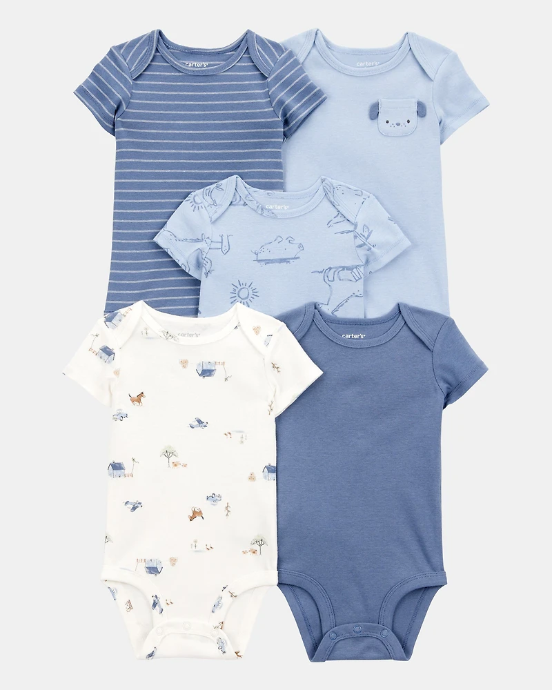 Baby Boy 5-Pack Dog Short-Sleeve Cotton Bodysuits - Blue