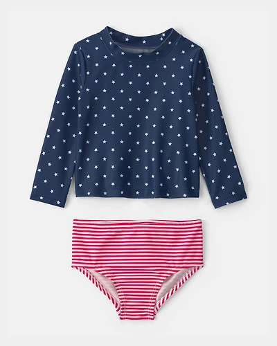 Baby Girl 2-Piece American Flag Rashguard Swimsuit Set - Red/White/Blue