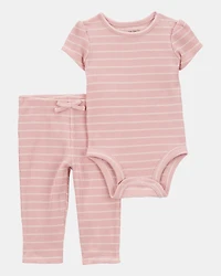 Baby Girl 2-Piece Striped Short-Sleeve Waffle Knit Bodysuit Pant Set - Pink