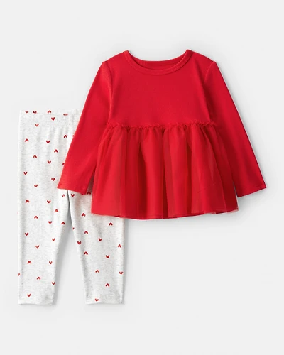 Baby Girl Long-Sleeve Tee & Heart Pant Set - Red