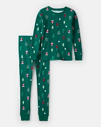 Kid Christmas Trees 100% Cotton Long-Sleeve Snug Fit 2-Piece Pajamas - Green