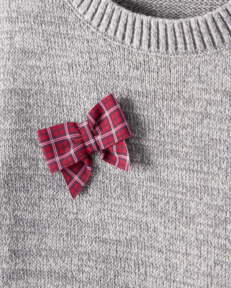 Toddler Girl Bow Cotton Long-Sleeve Sweater - Grey