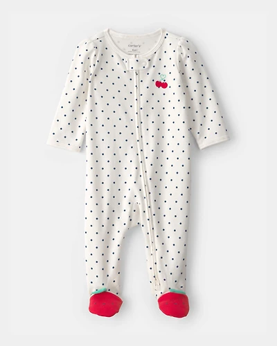 Baby Girl Cherry 2-Way Zip 100% Cotton Sleep & Play Pajama - White