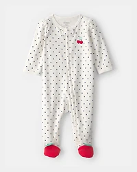 Baby Girl Cherry 2-Way Zip 100% Cotton Sleep & Play Pajama - White