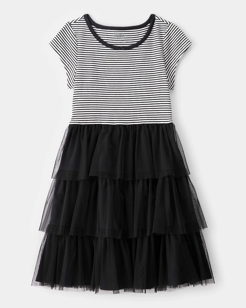 Kid Halloween Striped Tiered Tulle Dress - Black