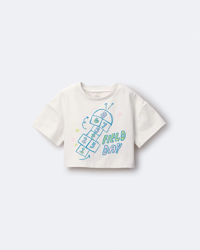 Toddler Girl 'Field Day' Breezy Top in Hopscotch Print - Cream