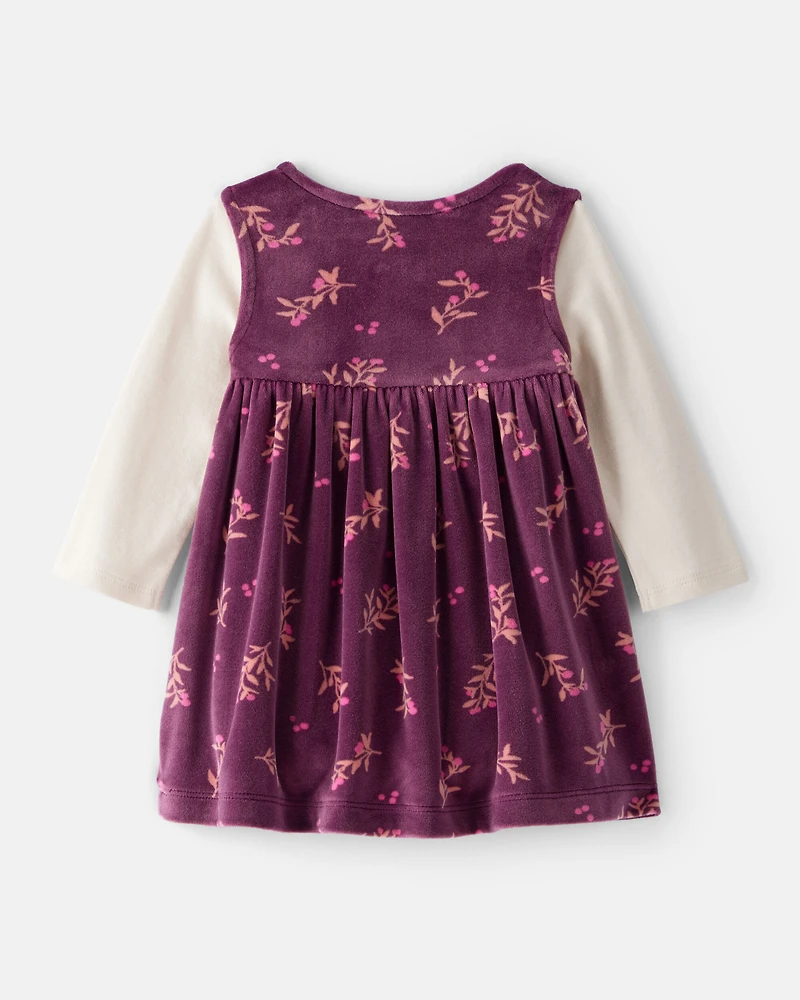 Baby Girl Flowers Print Velour Sleeveless Dress Set - Purple