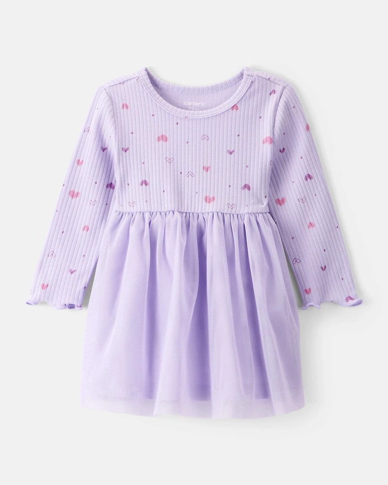 Baby Girl Heart Print Long-Sleeve Dress - Purple