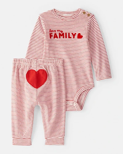 Baby Valentine's Day 2-Piece Striped Long-Sleeve Bodysuit & Pant Set - Red/White