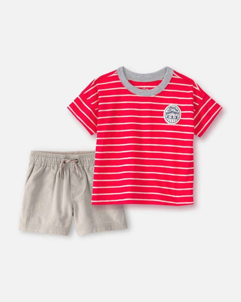 Toddler Boy 2-Piece Striped T-Shirt & Shorts Set - Red/Khaki