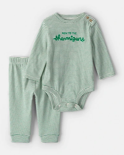 Baby St. Patrick's Day 2-Piece Striped Long-Sleeve Bodysuit & Pant Set - Green/White