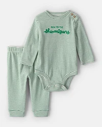Baby St. Patrick's Day 2-Piece Striped Long-Sleeve Bodysuit & Pant Set - Green/White