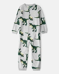 Boys Dinosaur Loose Fit Long-Sleeve Zip-Up 1-Piece Pajamas - Grey