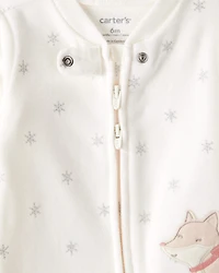 Baby Girl Fox Sparkle Print Loose Fit Long-Sleeve Sleep & Play Pajamas - White