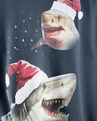 Boys Christmas Santa Shark Long-Sleeve Fleece Hoodie - Navy