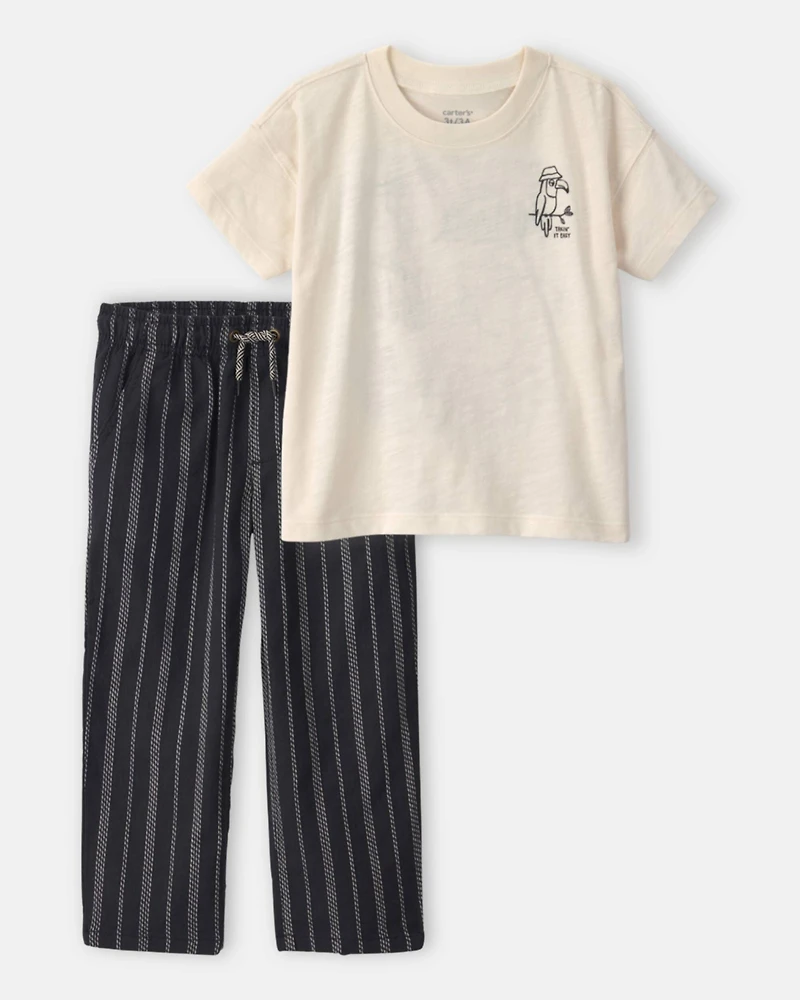 Toddler Boy 2-Piece Toucan Graphic Tee & Striped Pant Set - Ivory/Black