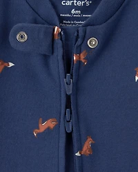 Baby Boy Fox 100% Cotton  2-Way Zip Sleep & Play Pajamas - Navy Blue