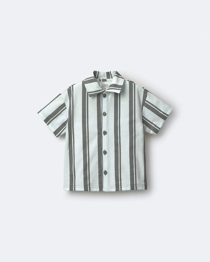 Toddler Boy Button-Down Short-Sleeve Shirt in Stripes - Light Blue/Sage