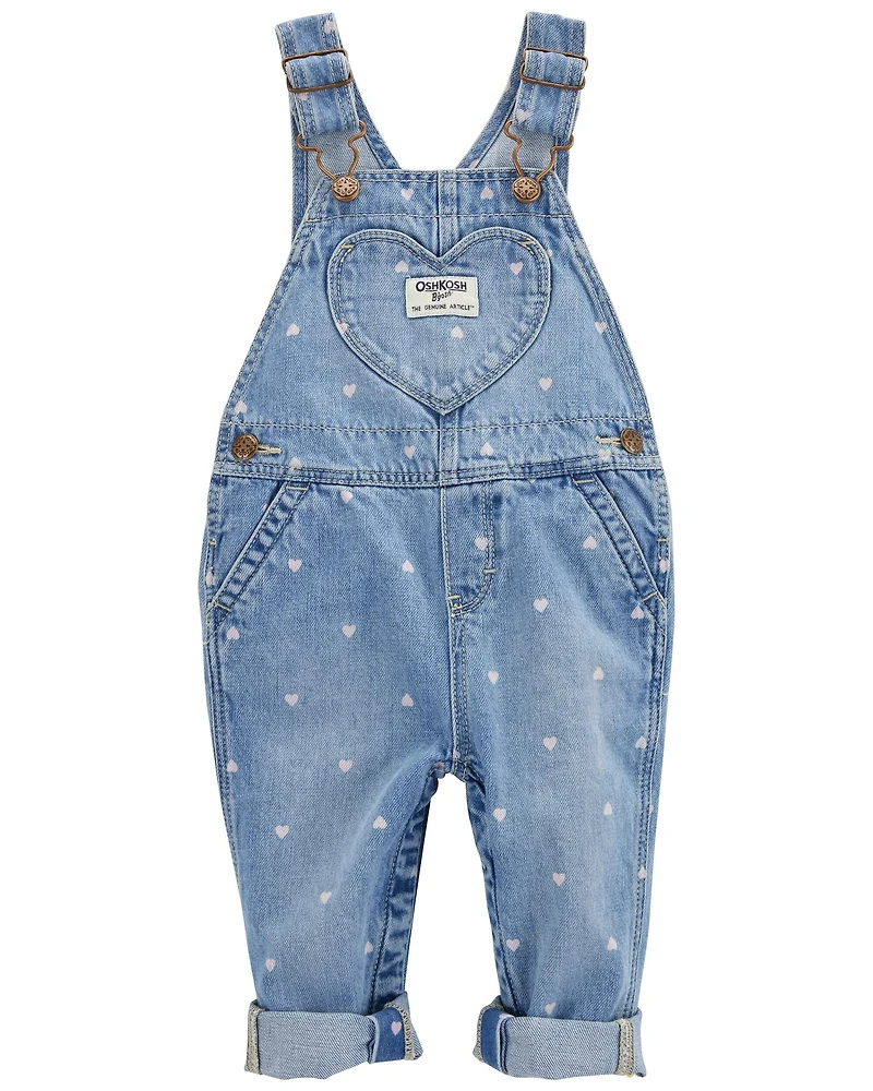 Baby Heart-Print Knit Denim Overalls - Blue