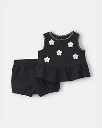 Baby Girl 2-Piece Floral Embroidered Top & Short Set - Black