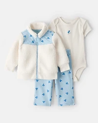 Baby Girl 3-Piece Floral Sherpa Long-Sleeve Bodysuit & Pant Set - Blue