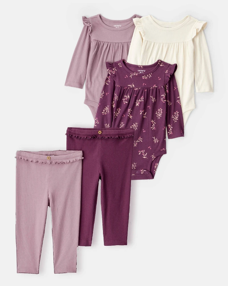 Baby Girl 5-Piece Long-Sleeve Bodysuits & Ruffle Pants Set - Purple/Cream
