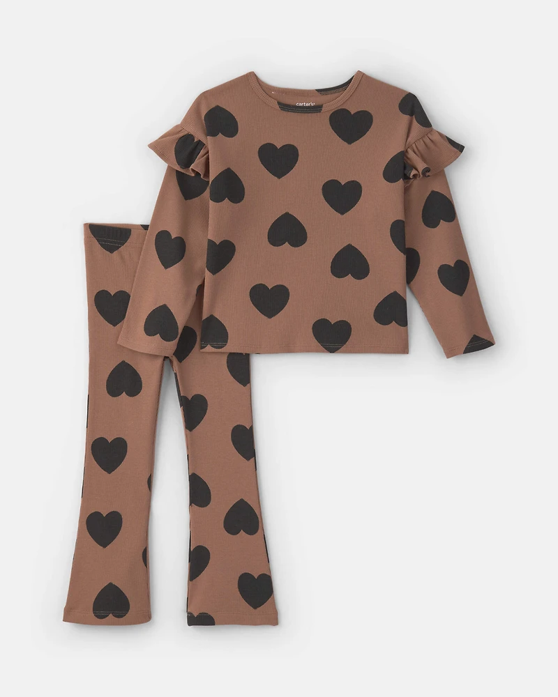 Baby Girl Heart Long-Sleeve Top & Pant Set - Brown/Black
