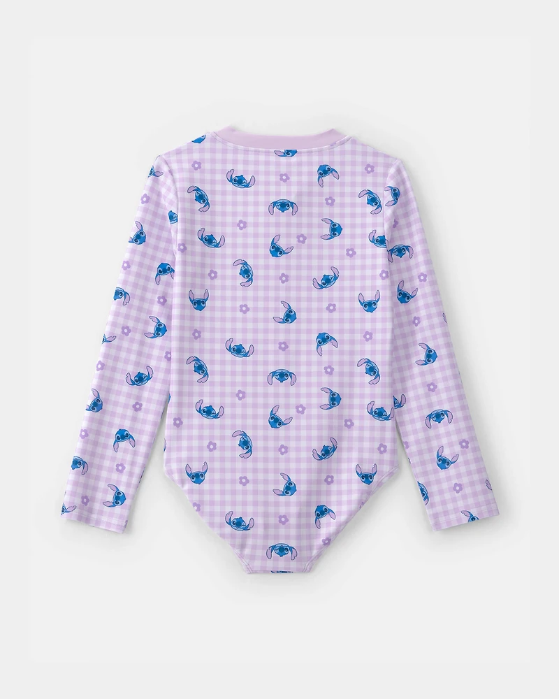Girls Disney© Lilo & Stitch Gingham 1-Piece Rashguard Swimsuit - Purple/Blue