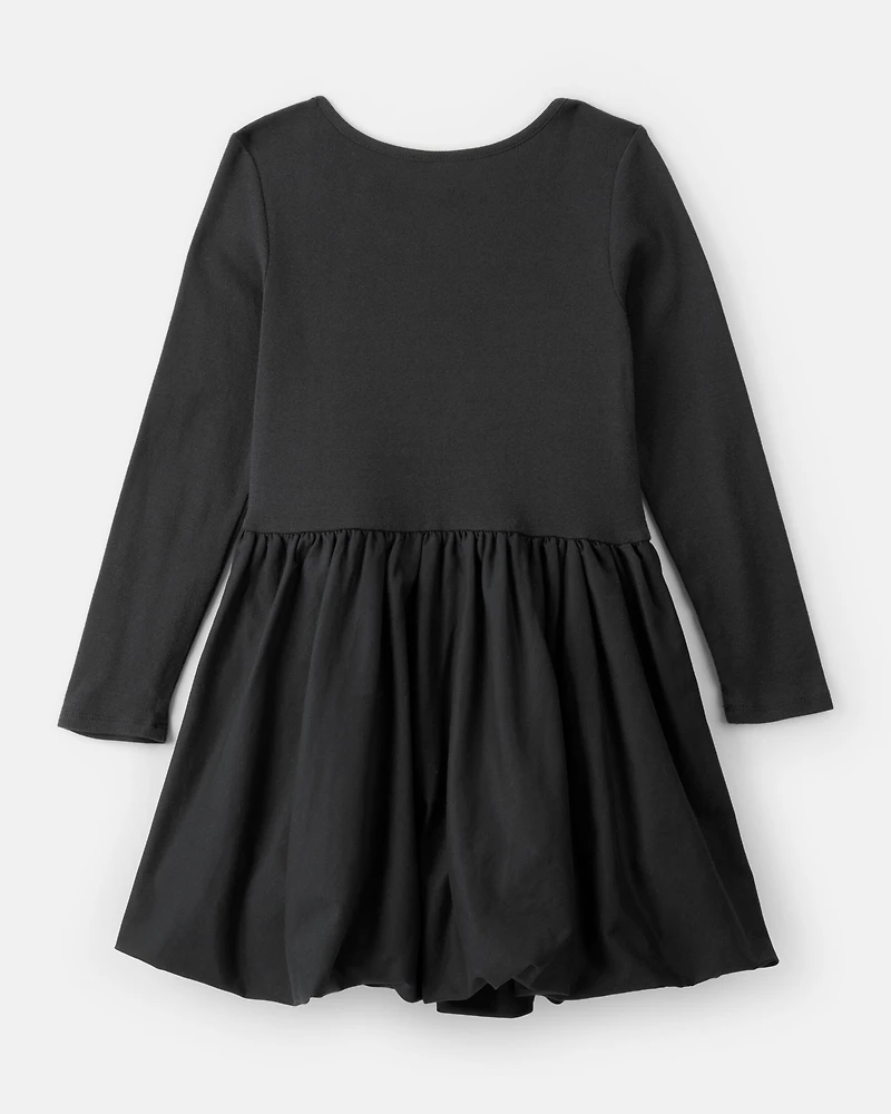 Girls Long Sleeve Cotton Bubble Dress - Black