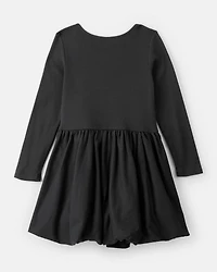 Girls Long Sleeve Cotton Bubble Dress - Black