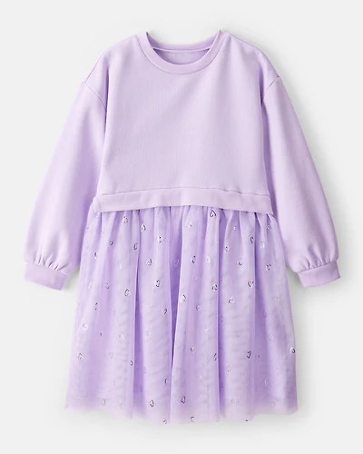 Girls Metallic Heart Long-Sleeve Tulle Dress - Purple
