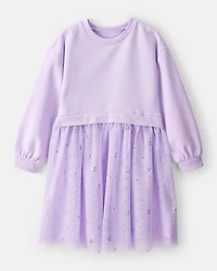Girls Metallic Heart Long-Sleeve Tulle Dress - Purple