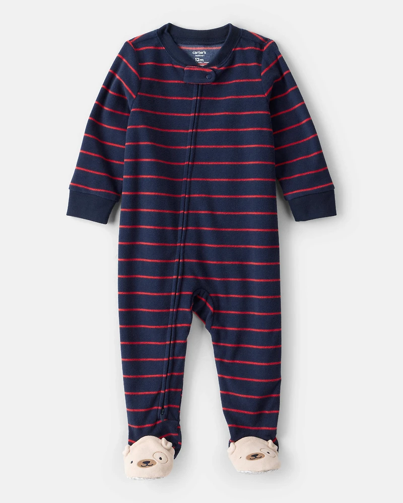 Baby Boy Dog Striped Fleece Loose Fit 1-Piece Pajamas - Navy
