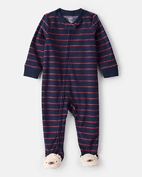 Baby Boy Dog Striped Fleece Loose Fit 1-Piece Pajamas - Navy