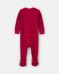 Baby 1-Piece Striped Reindeer 2-Way Zip 100% Cotton Snug Fit Footed Pajama - Red
