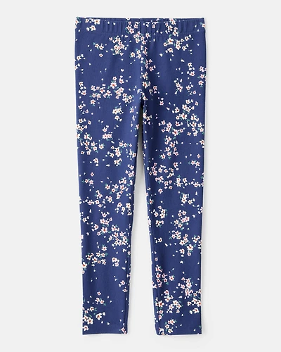 Girls Floral Cotton Pull-On Stretch Leggings - Navy