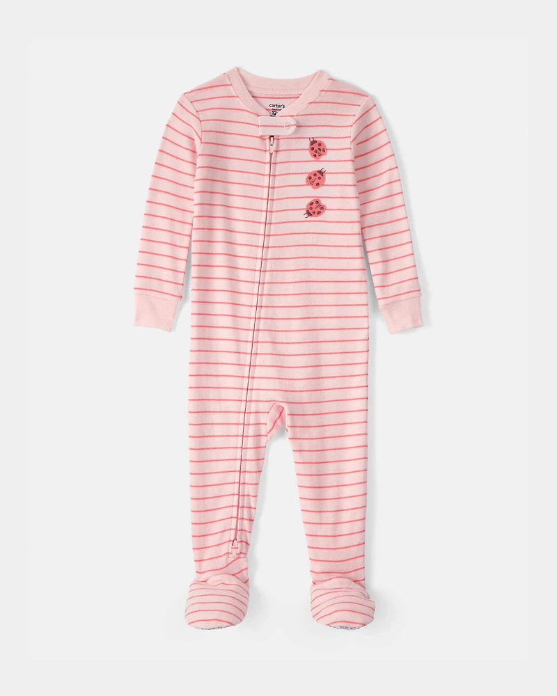 Toddler Girl Ladybug Striped 100% Cotton Snug Fit 1-Piece Pajama Set - Pink