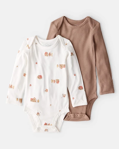 Baby Barn Print PurelySoft Long-Sleeve Multipack Bodysuits - Brown/White