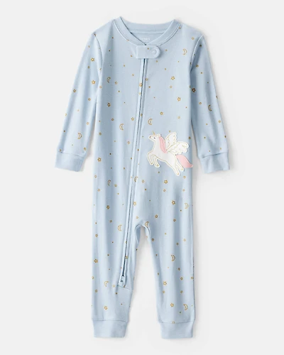 Baby Girl Unicorn Star Print 100% Cotton Long-Sleeve 2-Way Zip 1-Piece Pajamas - Blue