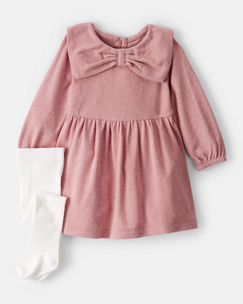Baby Girl Bow Collor Long-Sleeve Dress Set - White/Pink