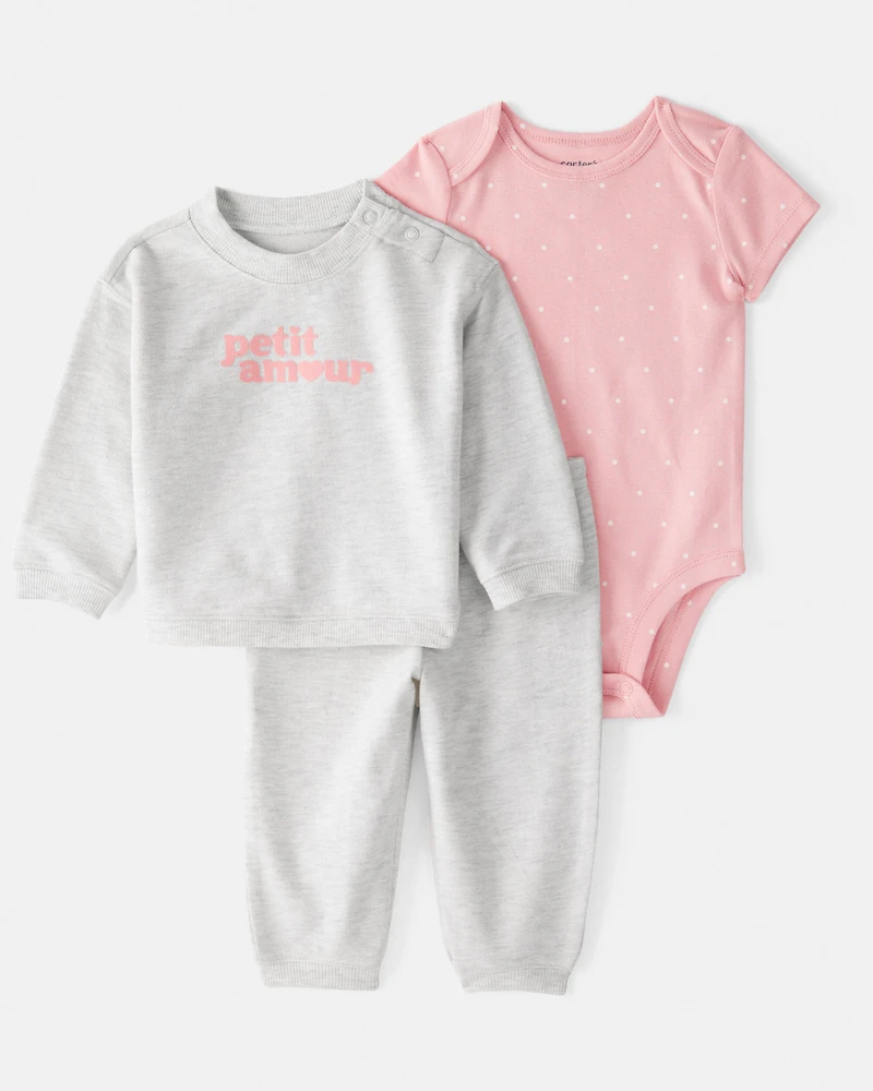 Baby Girl 3-Piece 'Petit Amour' Polka Dot Cardigan Outfit Set - Pink