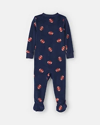 Toddler Boy 1-Piece Football DreamPlush Snug Fit Footed Pajama - Navy Blue