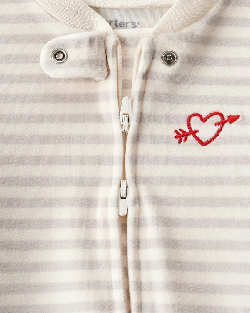 Baby Valentine's Day Striped DreamPlush Snug Fit 2-Way Zip Sleep & Play Pajamas - Grey