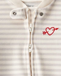 Baby Valentine's Day Striped DreamPlush Snug Fit 2-Way Zip Sleep & Play Pajamas - Grey