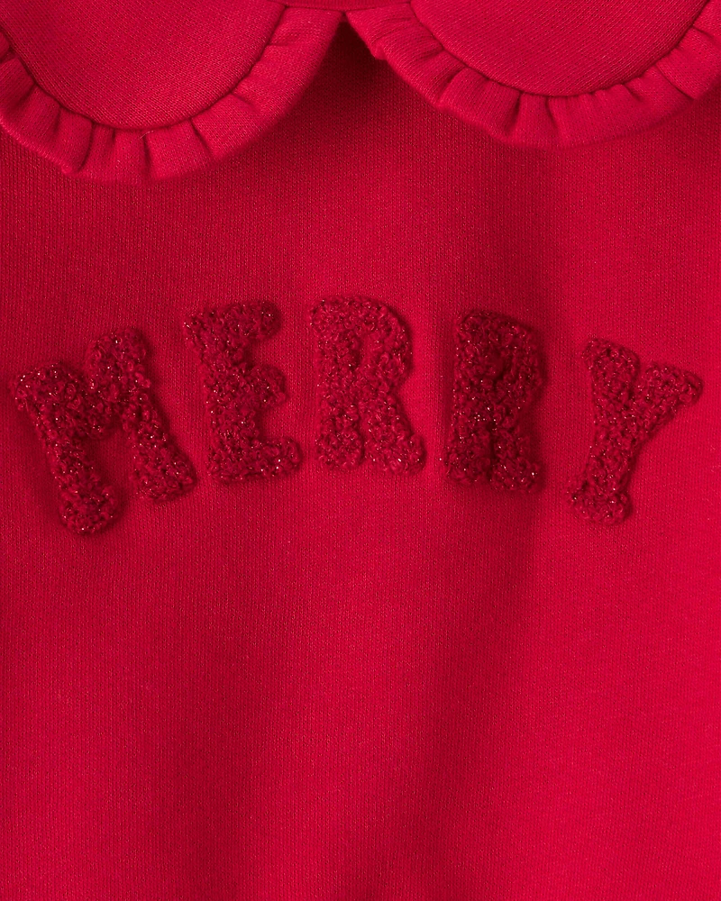 Baby Girl Fleece Christmas Merry Long-Sleeve Pullover Sweatshirt - Red