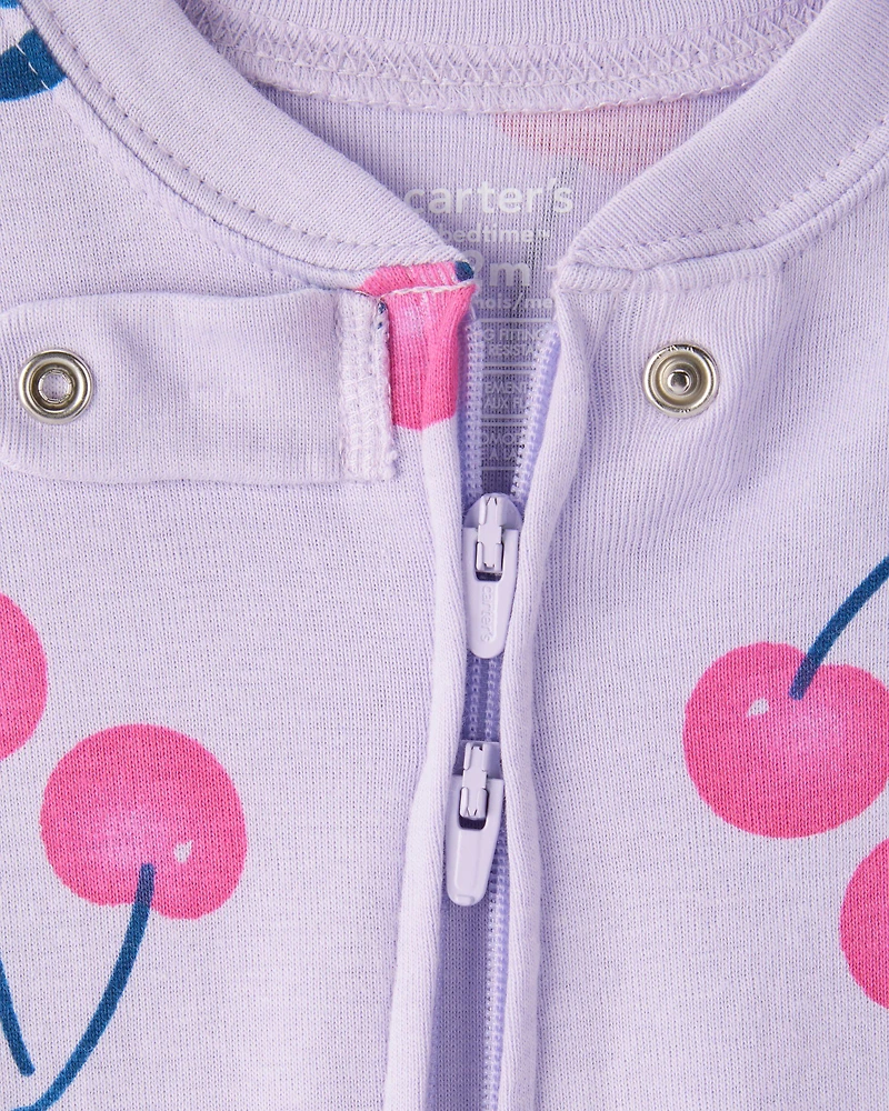 Baby Girl Cherry 100% Cotton Snug Fit 2-Way Zip 1-Piece Pajamas - Purple