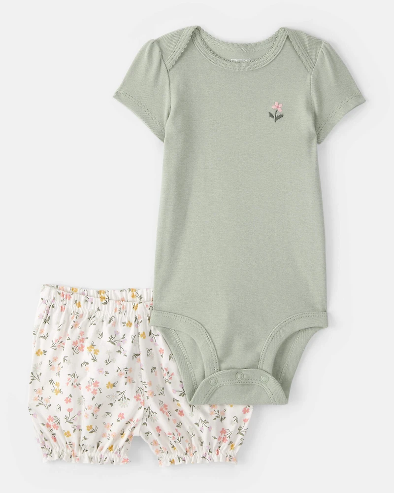 Baby Girl 3-Piece Floral Outfit Set - White/Green