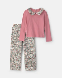 Girls 2-Piece Floral Fleece Long-Sleeve Top & Pant Set - Pink