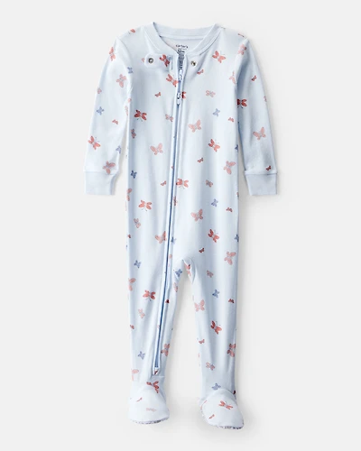 Baby Girl Butterfly 100% Cotton Snug Fit 2-Way Zip Footie 1-Piece Pajamas - Blue