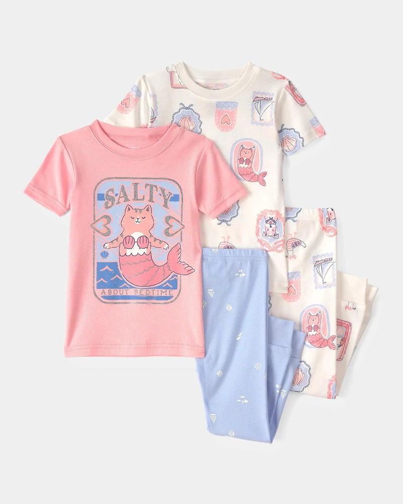 Toddler Girl Mermaid Cat 100% Cotton Snug Fit 4-Piece Pajama Set - Pink/Ivory